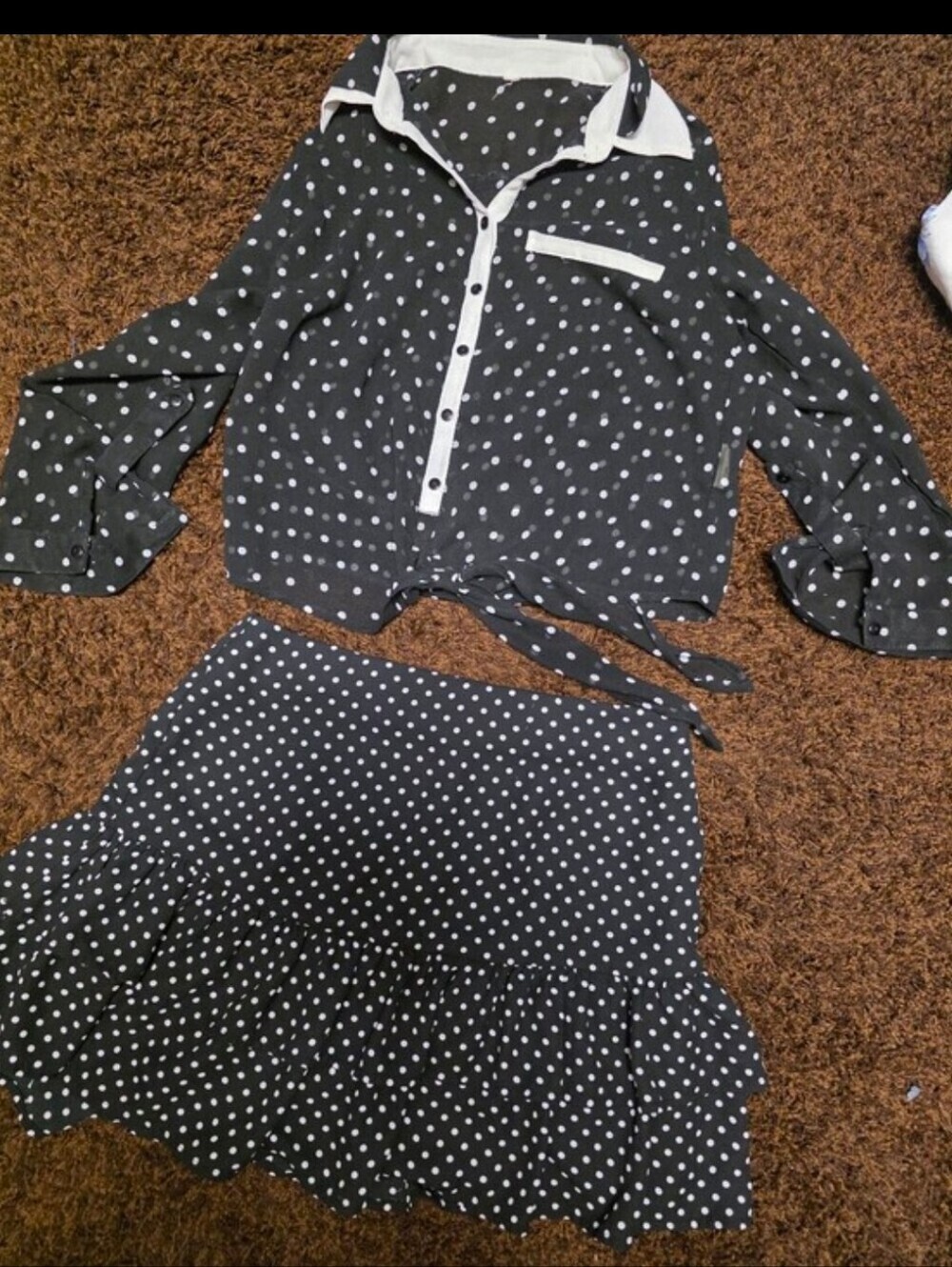 Black & White Polka Dot Two-Piece Set - Button Front Top & Ruffle Skirt - Picture 5 of 5